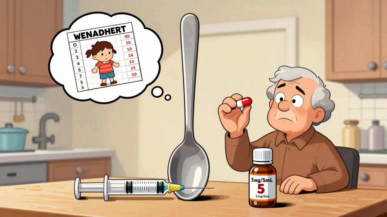 Giant kitchen spoon next to small dosing syringe with weight chart floating above.