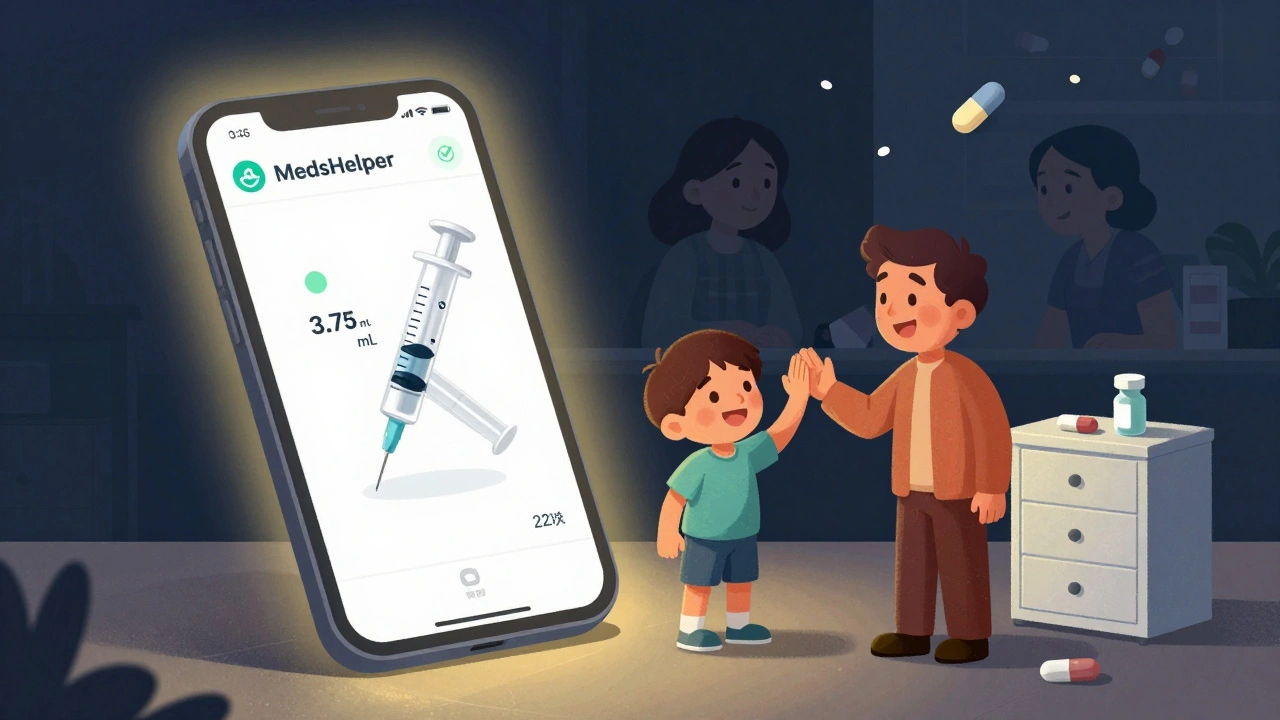 Parent and child high-fiving as a helpful app displays correct medicine dose on phone.