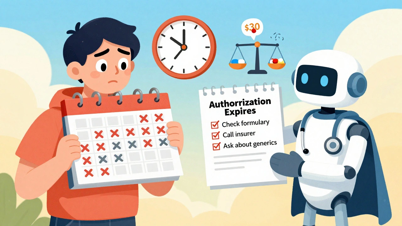Patient checking expiration date on calendar, robot assistant offering checklist with generic vs brand-name pill icons