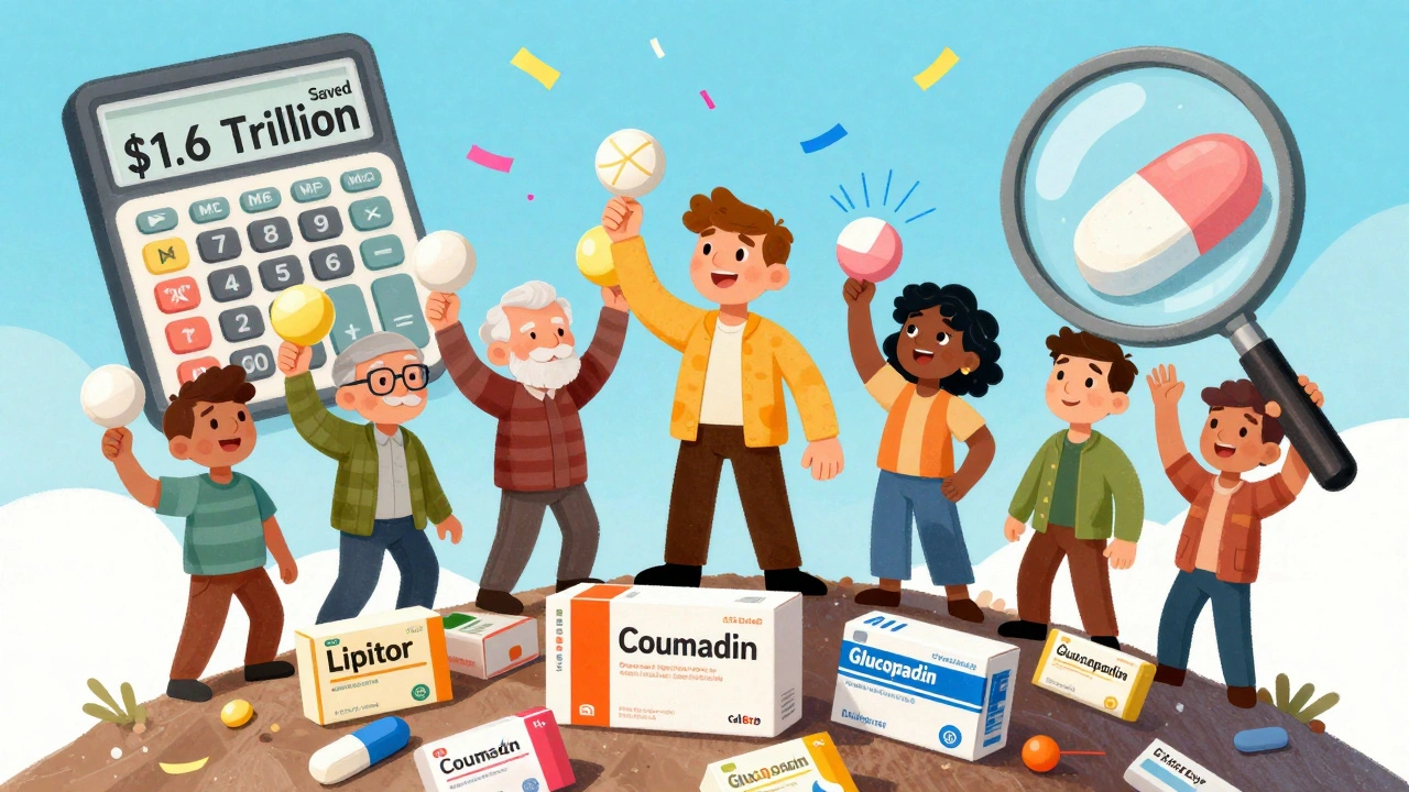 People celebrate with generic pills on a mountain of brand-name boxes, giant calculator showing .6 trillion saved.