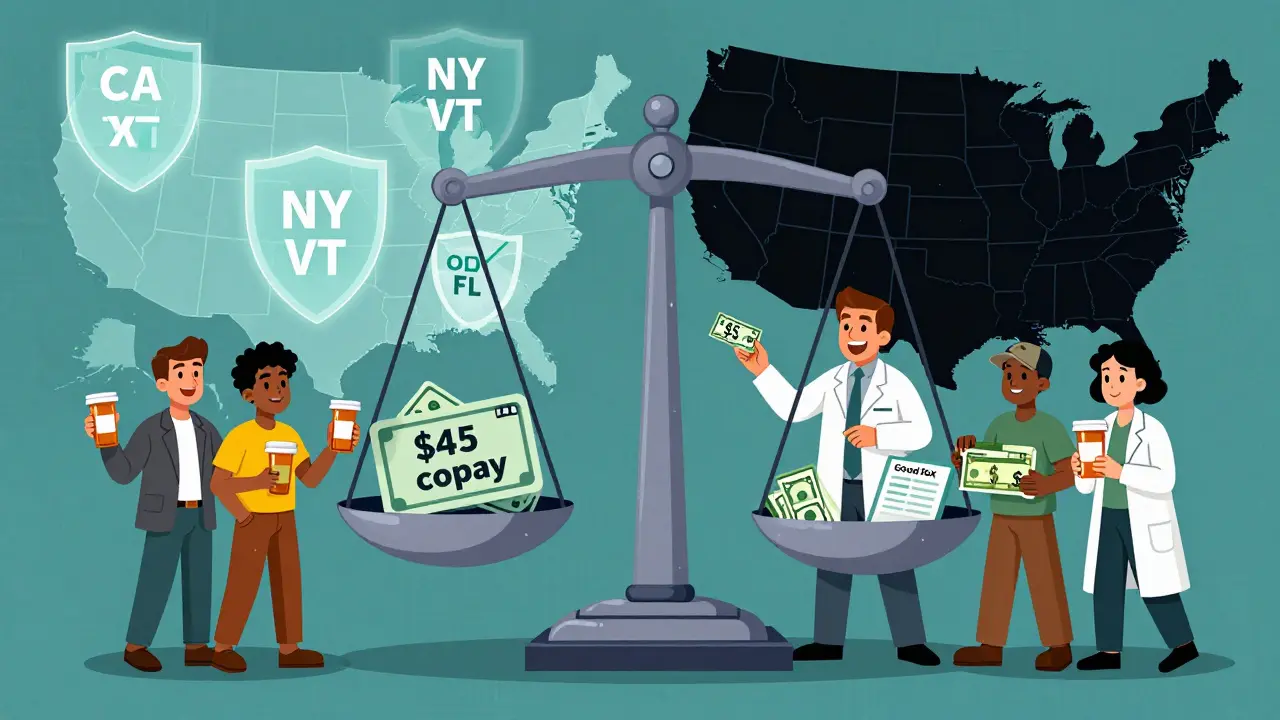People comparing insurance copays to cash prices on a tipping scale, with GoodRx receipt winning, and state transparency laws glowing.