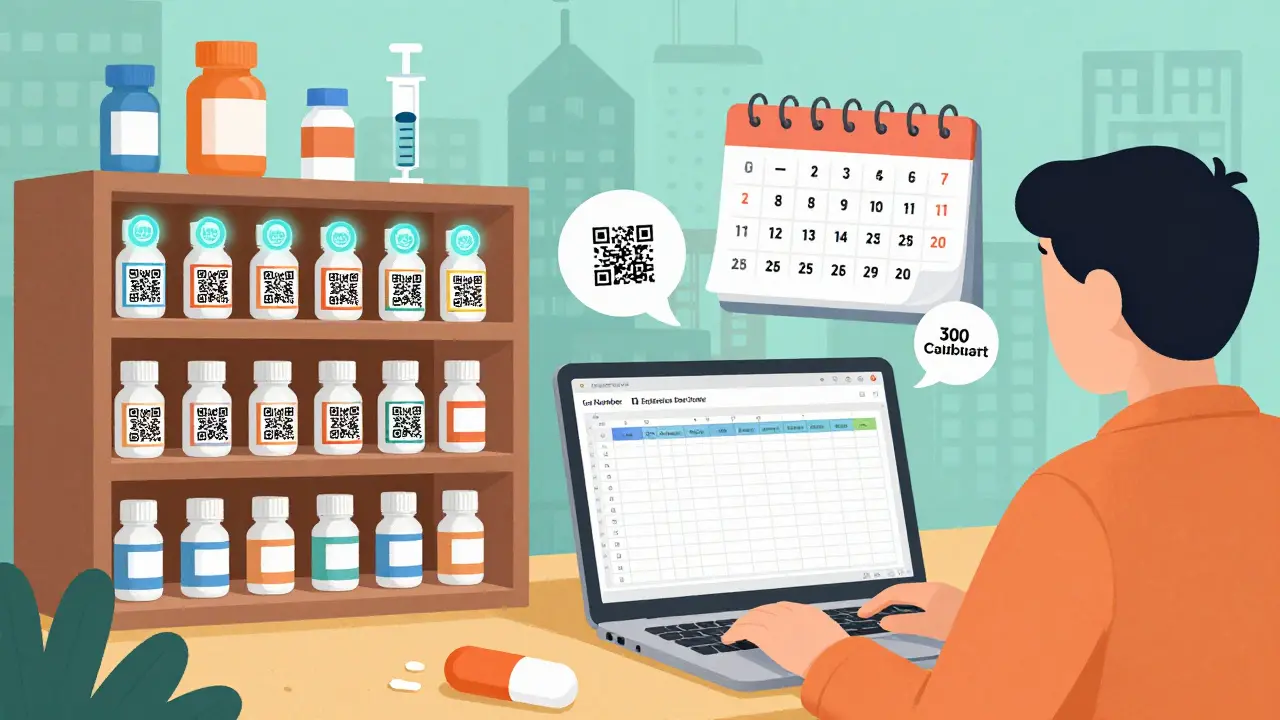 Person tracking medication samples in a Google Sheet with glowing QR codes and expiration alerts.