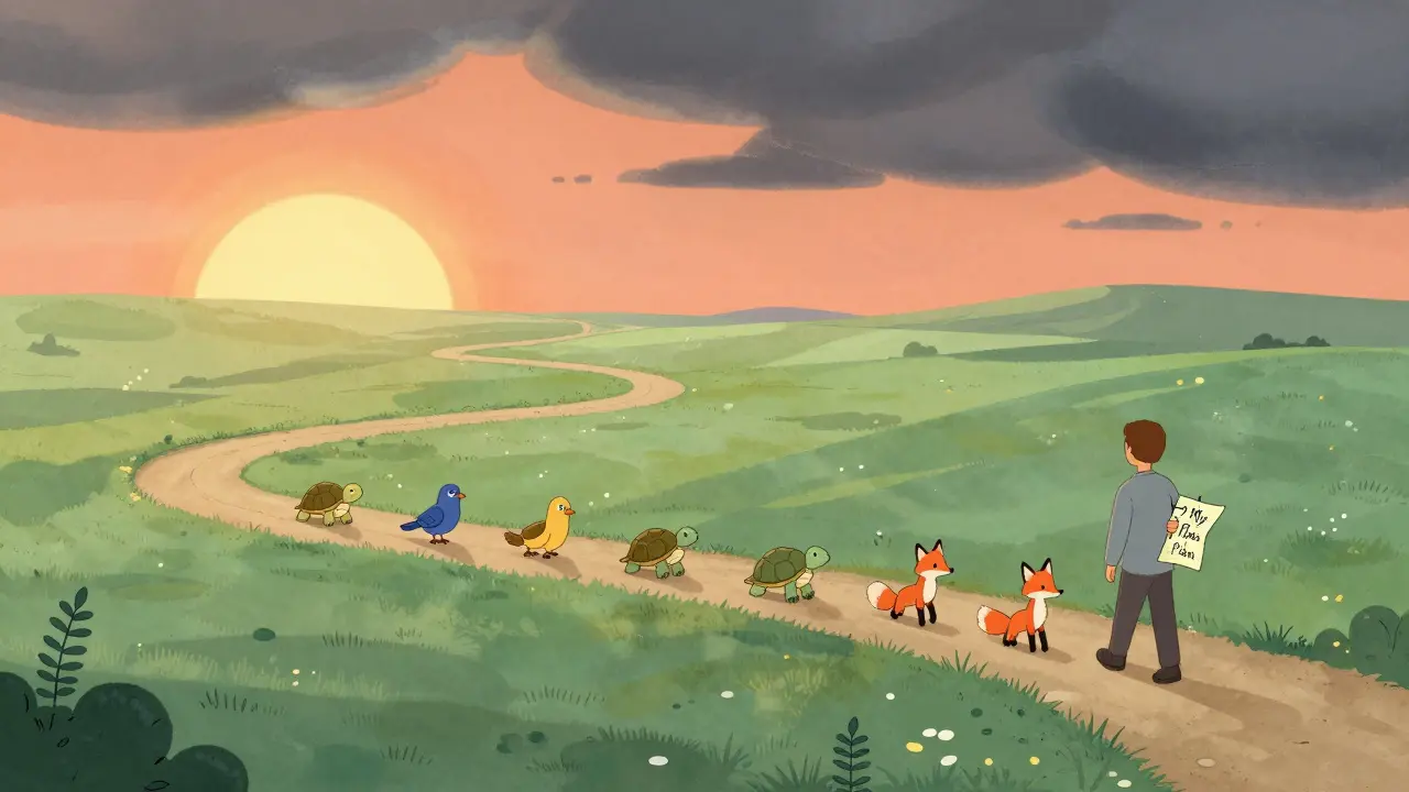 Person walking a gentle path with animals marking monthly taper steps.