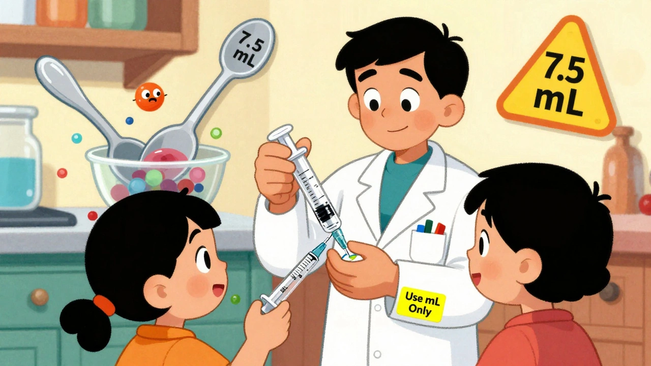 Pharmacist shows correct dosing with syringe while kitchen spoons cause chaos in background.