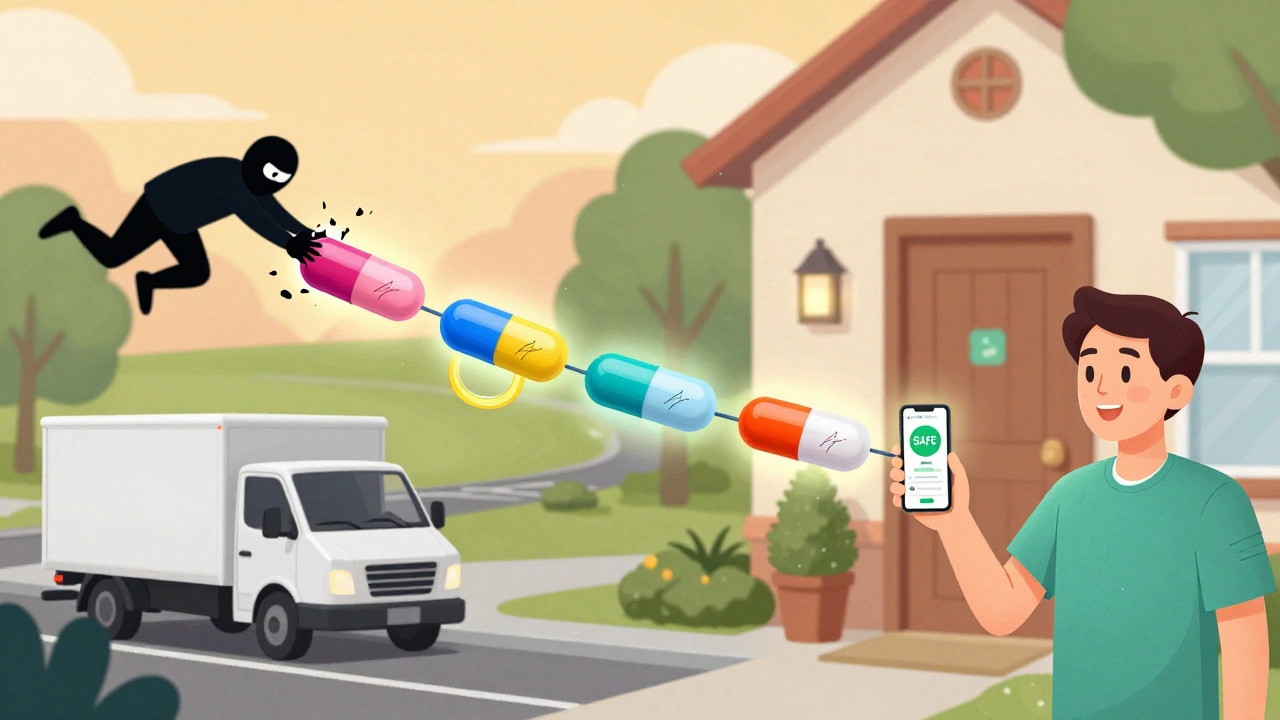 Pill capsules linked by a glowing blockchain trail with tamper seal breaking, and a patient checking safe delivery status.