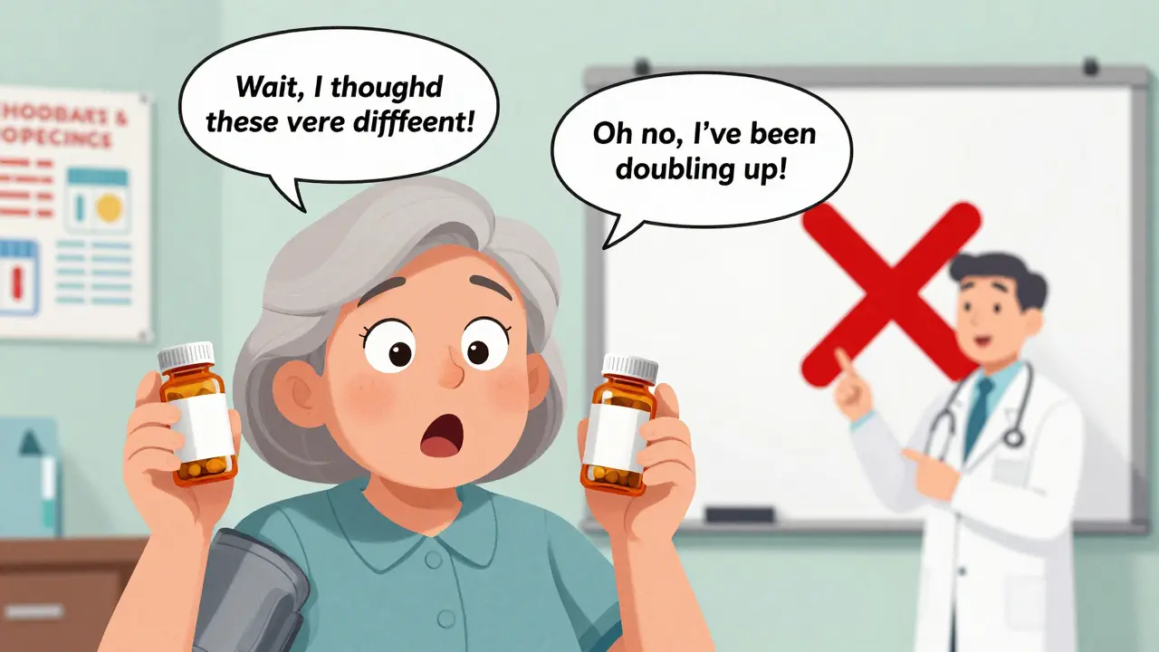Senior woman shocked to find three identical blood pressure pills, with her doctor pointing at a whiteboard.