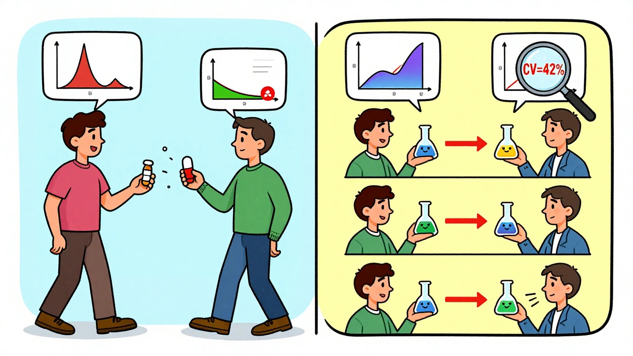 Side-by-side cartoon comparison of 2x2 and replicate crossover designs with morphing confidence intervals.