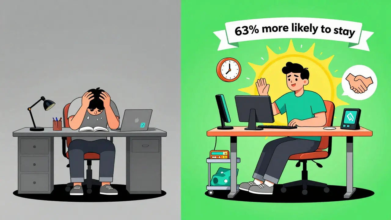 Split image: person in pain on left, empowered at adapted workstation on right, symbolizing successful return to work.