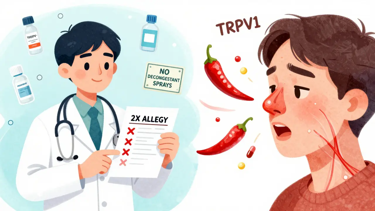 Split medical illustration showing negative allergy test and overactive nasal nerves reacting to triggers.
