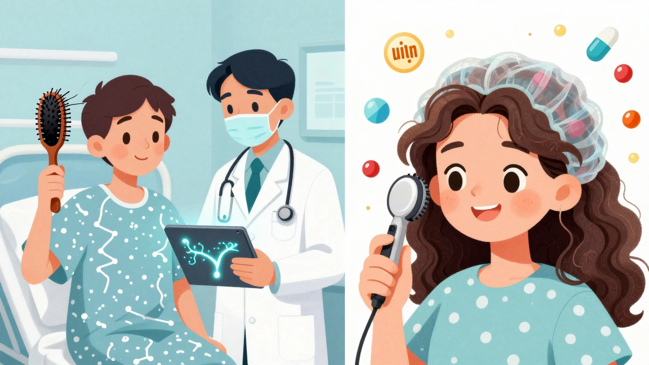Split scene: doctor explains hair loss pathway on tablet, same patient regrowing hair under laser cap.