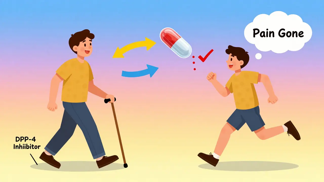 Split scene: person walking with cane then jogging without it, pill dissolving into relief cloud.