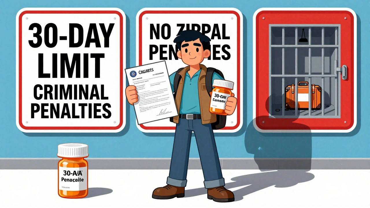 Traveler confidently presenting medication at Singapore customs with warning signs and jail cell in background.