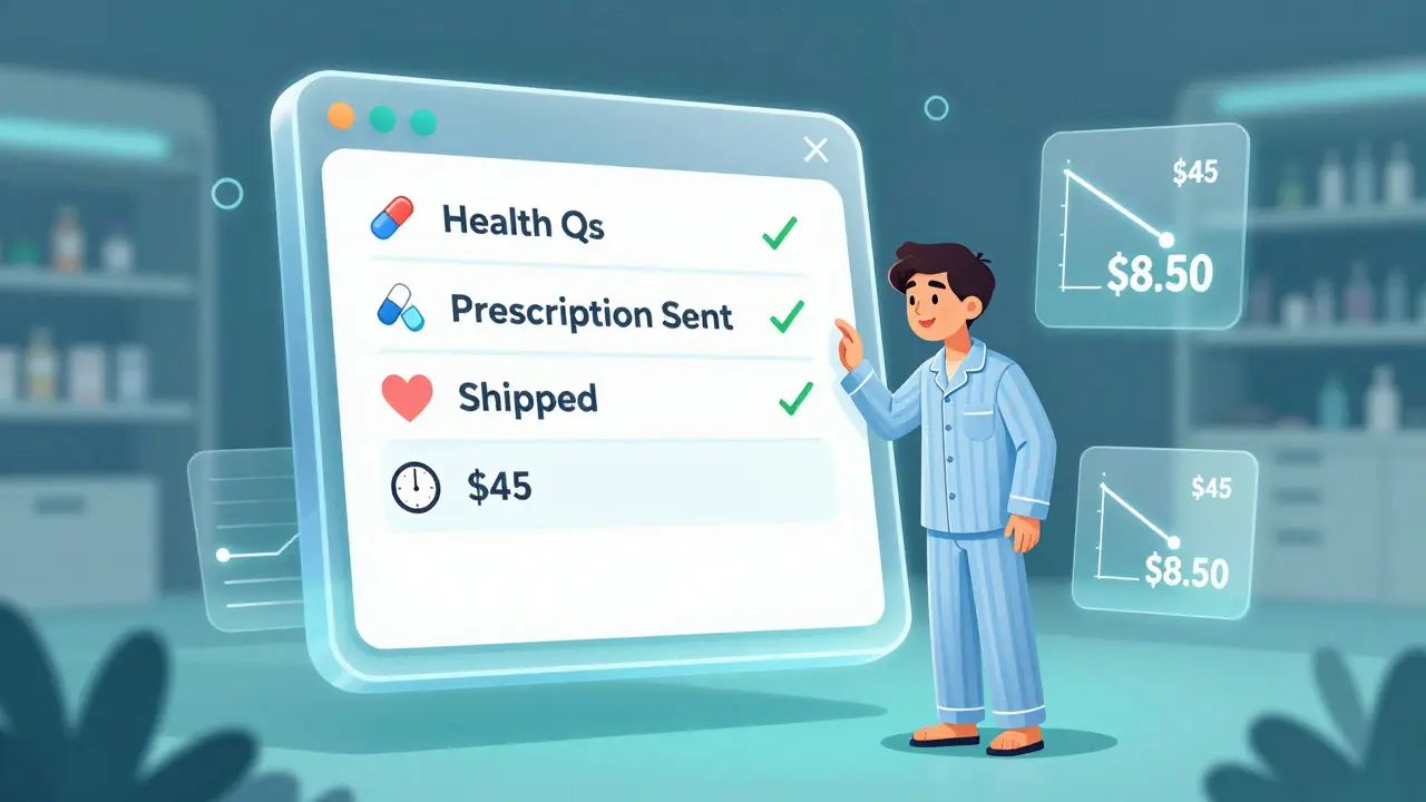 A digital pharmacy interface with checkmarks and pill icons floating in air, a person smiling at the screen.