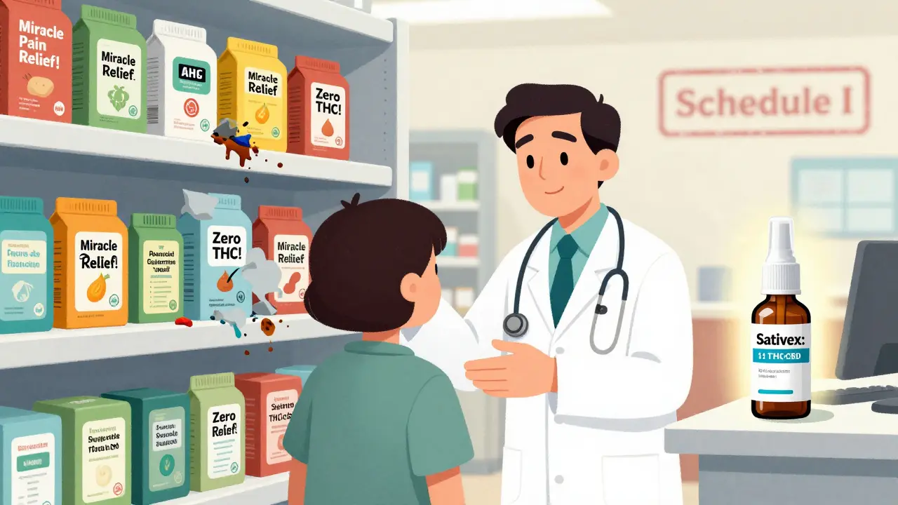 A doctor guiding a patient from misleading CBD products to a regulated medical spray.