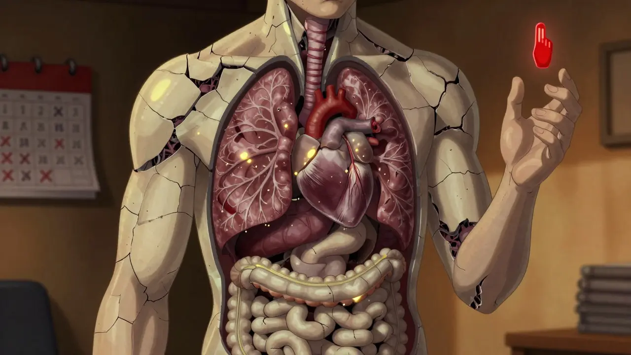 A fragmented human torso showing hardened skin and affected lungs, heart, and digestive tract.