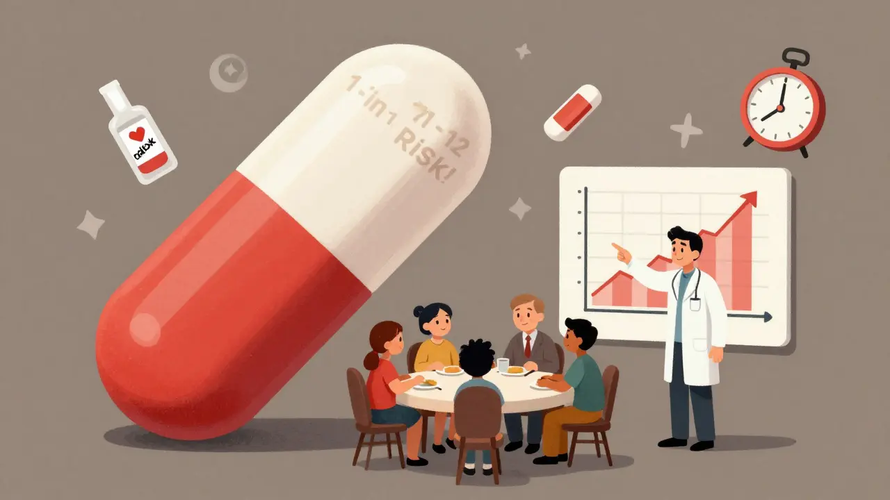 A giant opioid pill with a 1-in-12 risk label looming over a family, with warning icons around it.