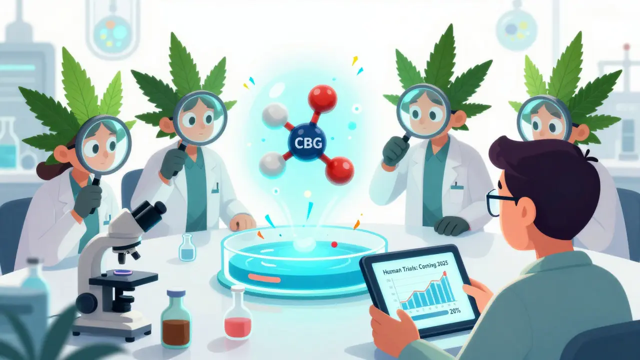 A glowing CBG molecule neutralizing pain signals in a lab, with scientists watching.