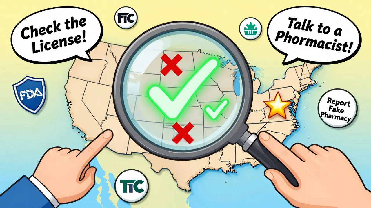 A magnifying glass over a U.S. map showing verified and unverified pharmacy states.