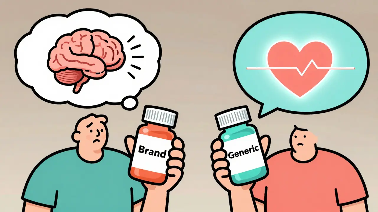 A patient comparing two pill bottles, with one thought bubble showing dizziness and another showing stable health metrics.