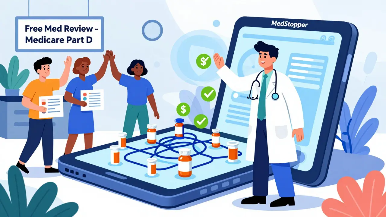 A pharmacist using an AI tablet to identify unnecessary meds, patients celebrating savings with floating dollar signs.