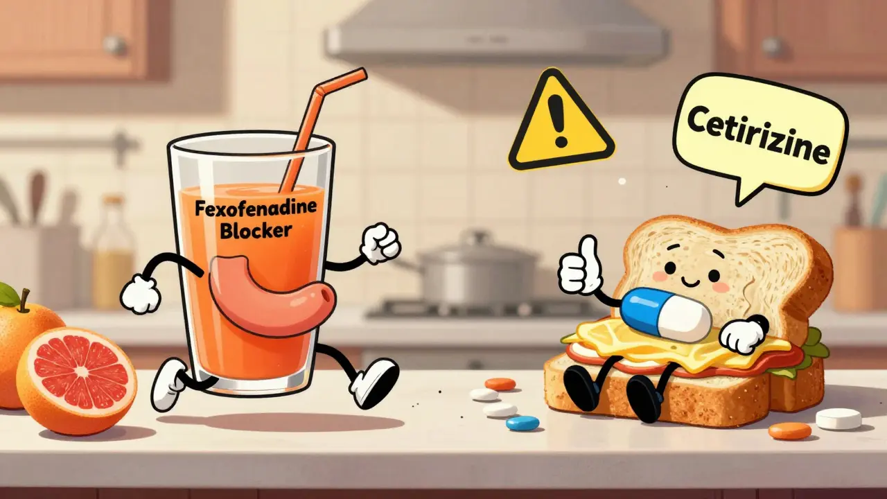 A whimsical stomach running from grapefruit juice while a pill enjoys a sandwich, illustrating food interactions.