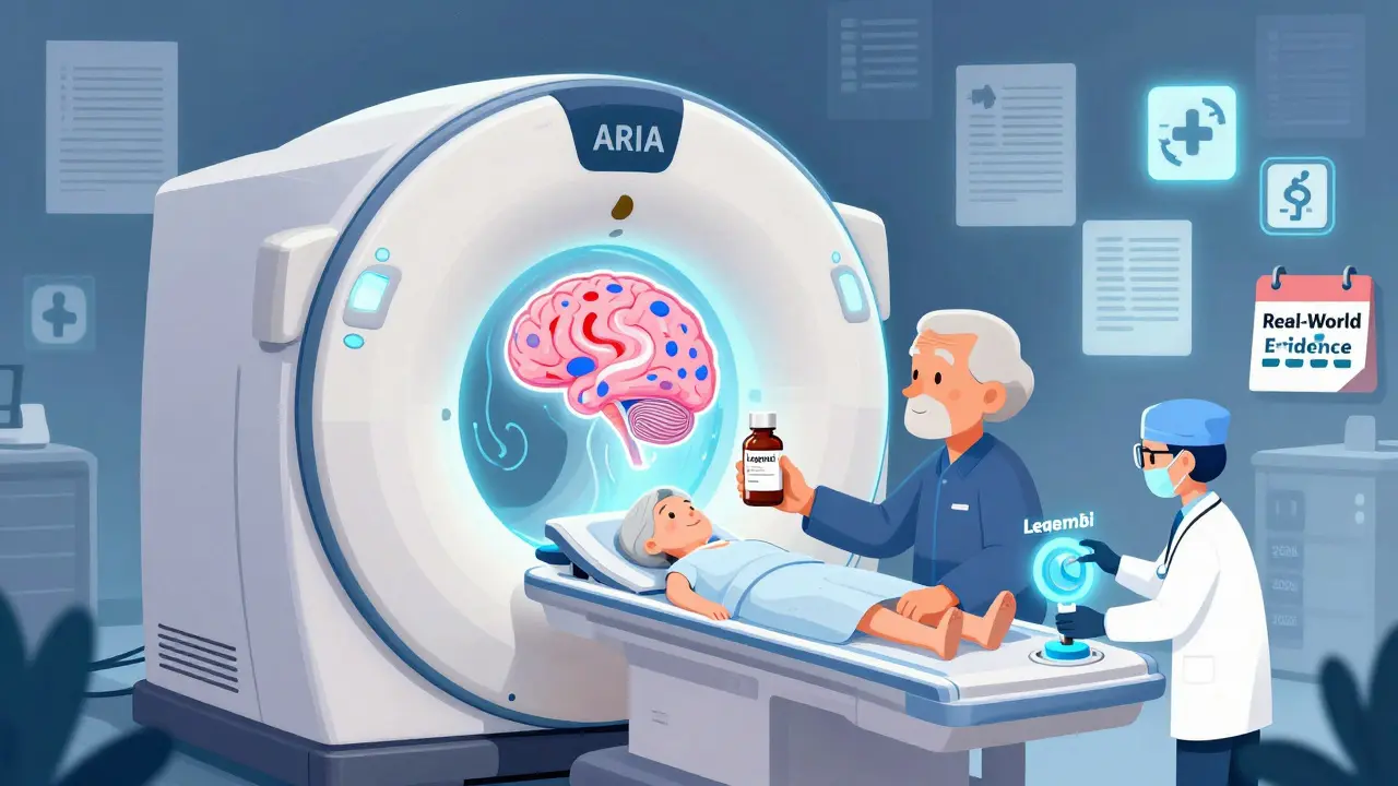 An elderly patient receiving an MRI scan for Leqembi, with brain abnormalities and FDA symbols floating nearby.