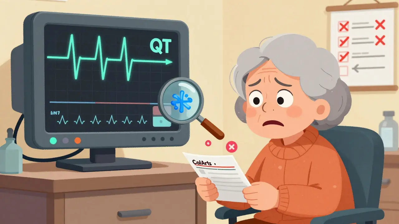 An elderly woman in a doctor’s office with a giant ECG showing prolonged QT interval and low electrolyte icons.