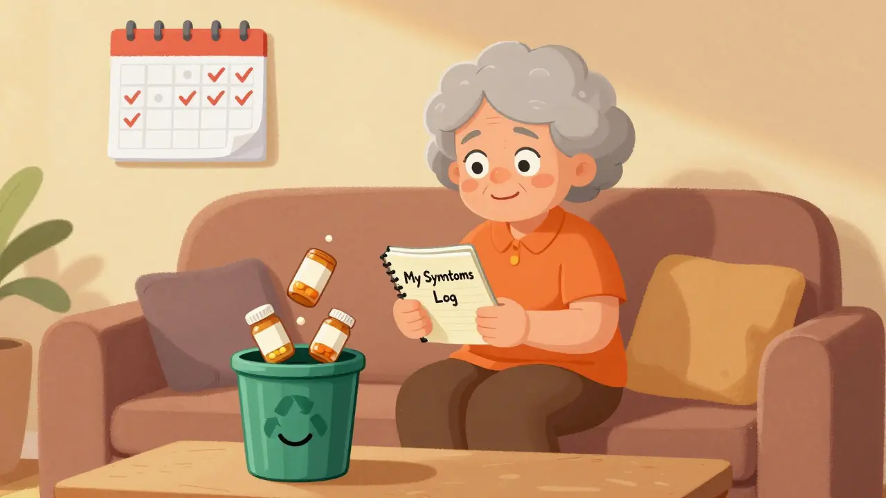 An elderly woman logging improved energy after stopping a medication, with pill bottles going into a recycling bin.