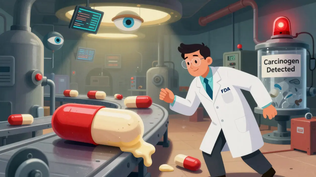 An FDA inspector in a surreal drug factory where pills melt unevenly, with AI eyes scanning and a red carcinogen alarm flashing.