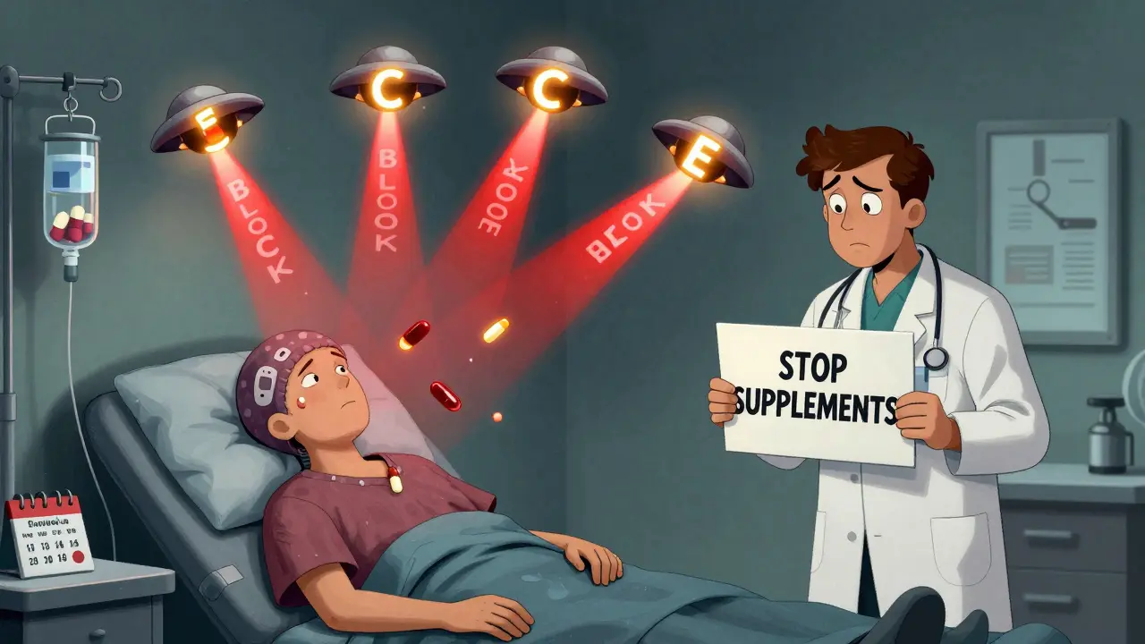 Cancer patient receiving chemo while antioxidant pills block treatment, oncologist holding a 'Stop Supplements' sign.