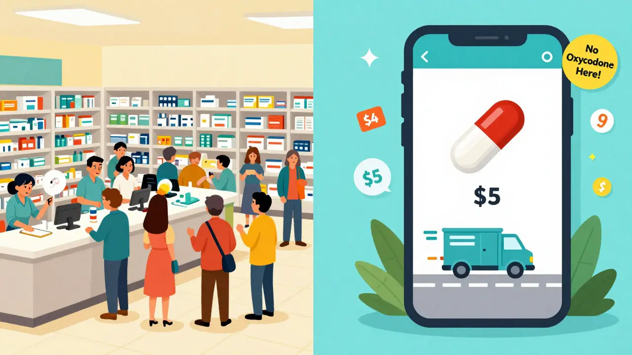 Contrasting chaotic pharmacy line with a simple app delivery scene showing  pills and a fast shipping truck.