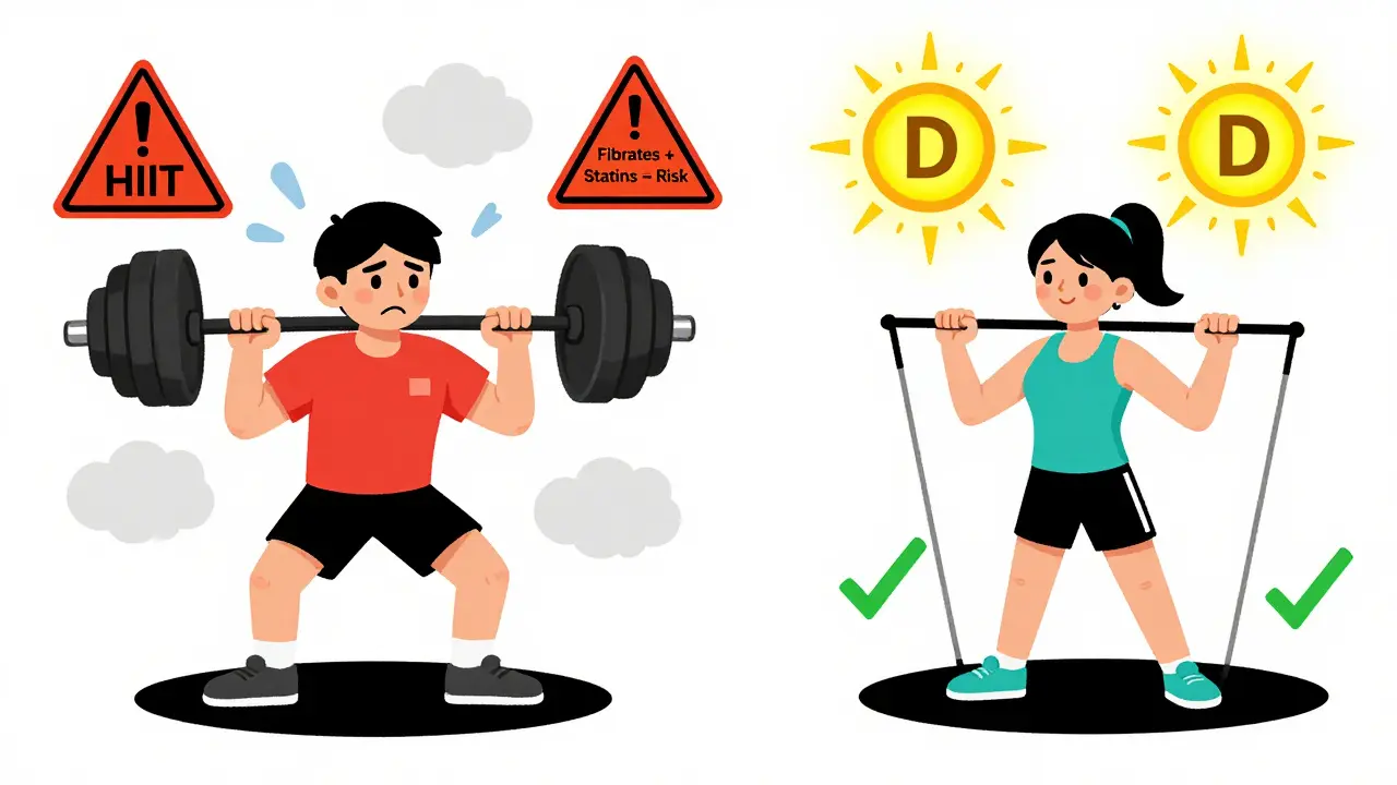 Contrasting scenes: one person doing safe light exercise versus another struggling with intense workout and warning signs.