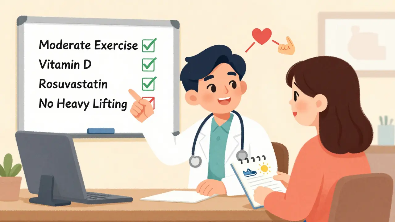 Doctor and patient reviewing a simple chart about safe statin and exercise habits in a calm clinic setting.