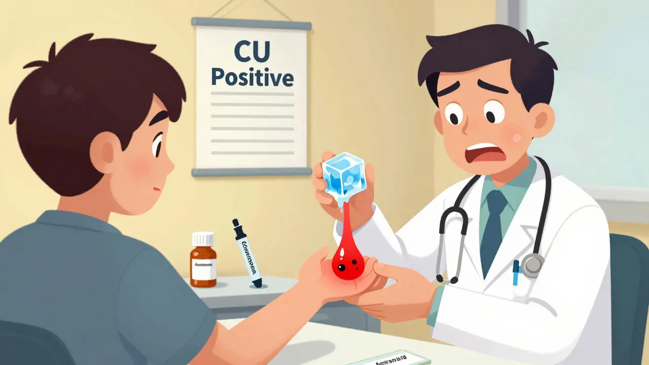 Doctor performing ice cube test on patient's arm, showing a raised red hive as medical supplies sit nearby.