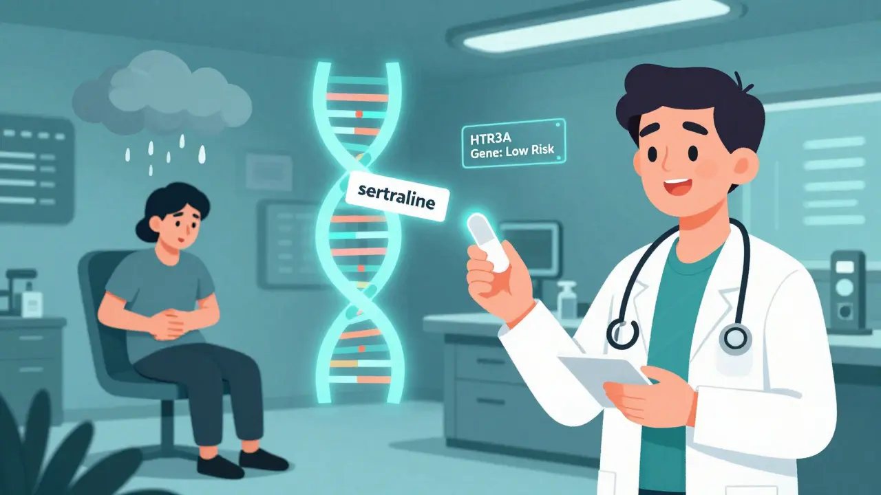 Doctor’s office with DNA test showing reduced risk of stomach side effects from sertraline.