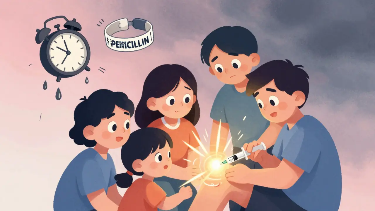 Family watching epinephrine injection, glowing syringe, medical alert bracelet floating in air