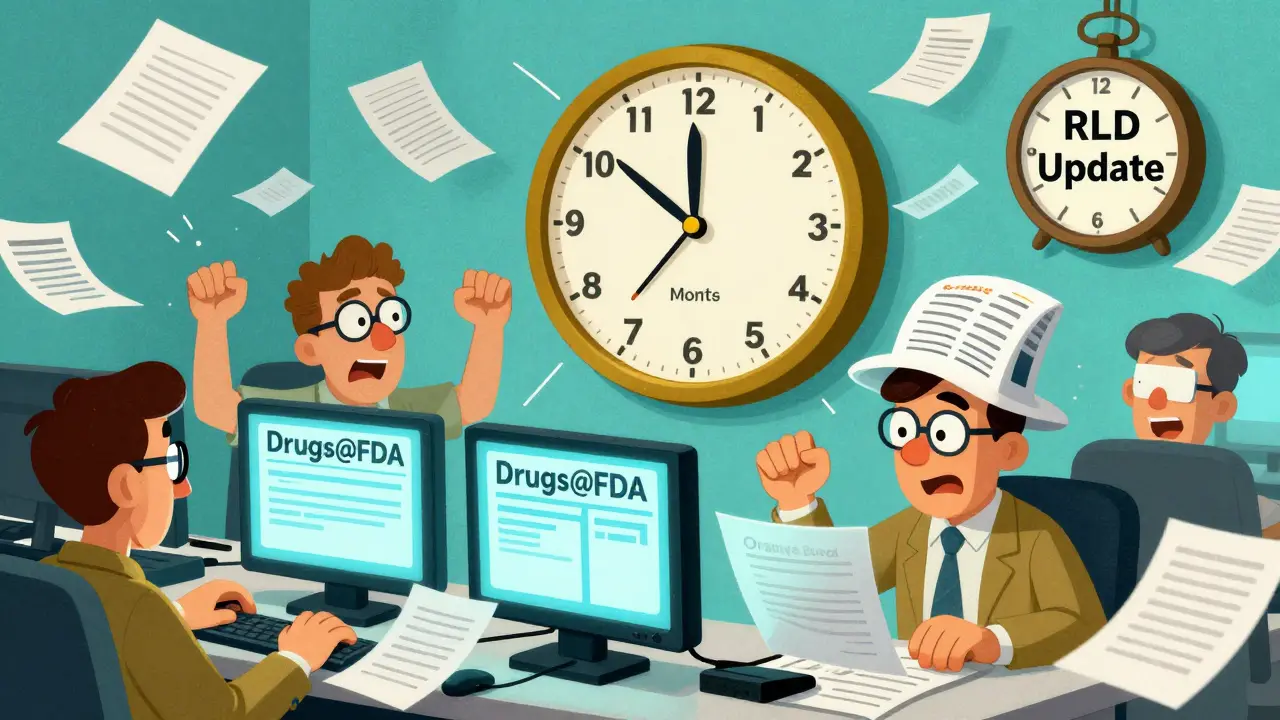 Generic drug makers scrambling to track labeling updates on glowing screens while a clock shows a 6-month delay.