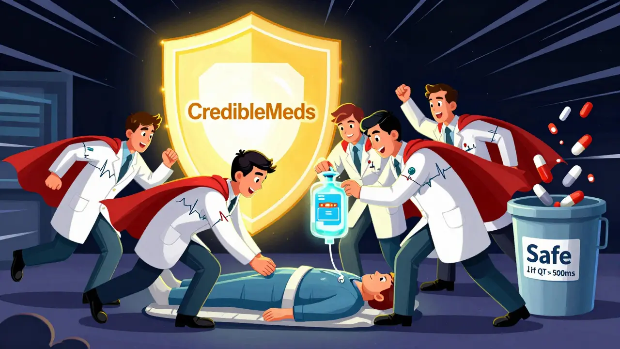 Medical heroes administering magnesium IV to a patient while pills are sorted into safe and unsafe bins.