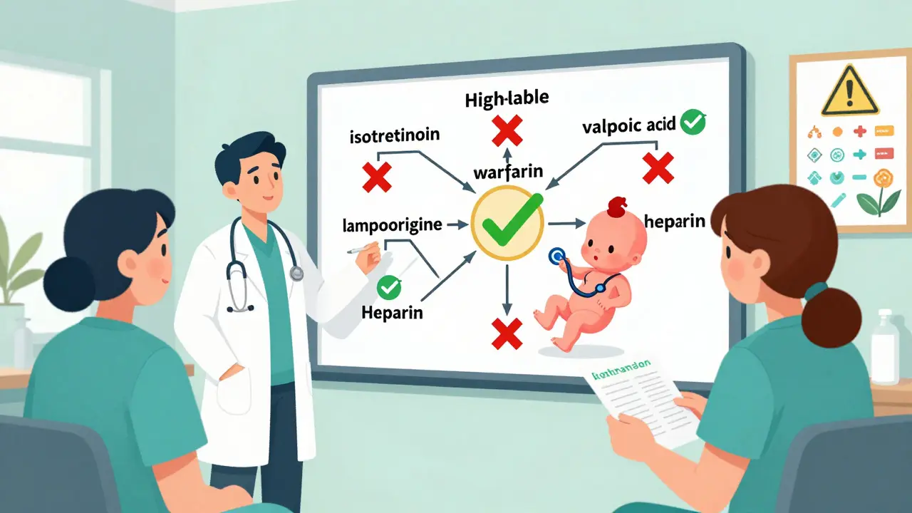 Medical team reviewing a colorful chart of safe and unsafe pregnancy medications.
