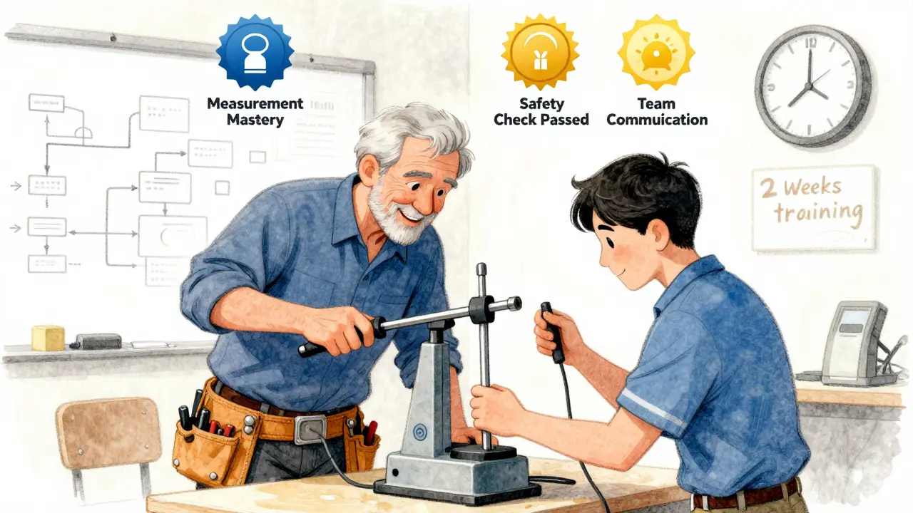 Mentor guiding new hire through torque wrench calibration with floating progress badges and whiteboard flowcharts in background.