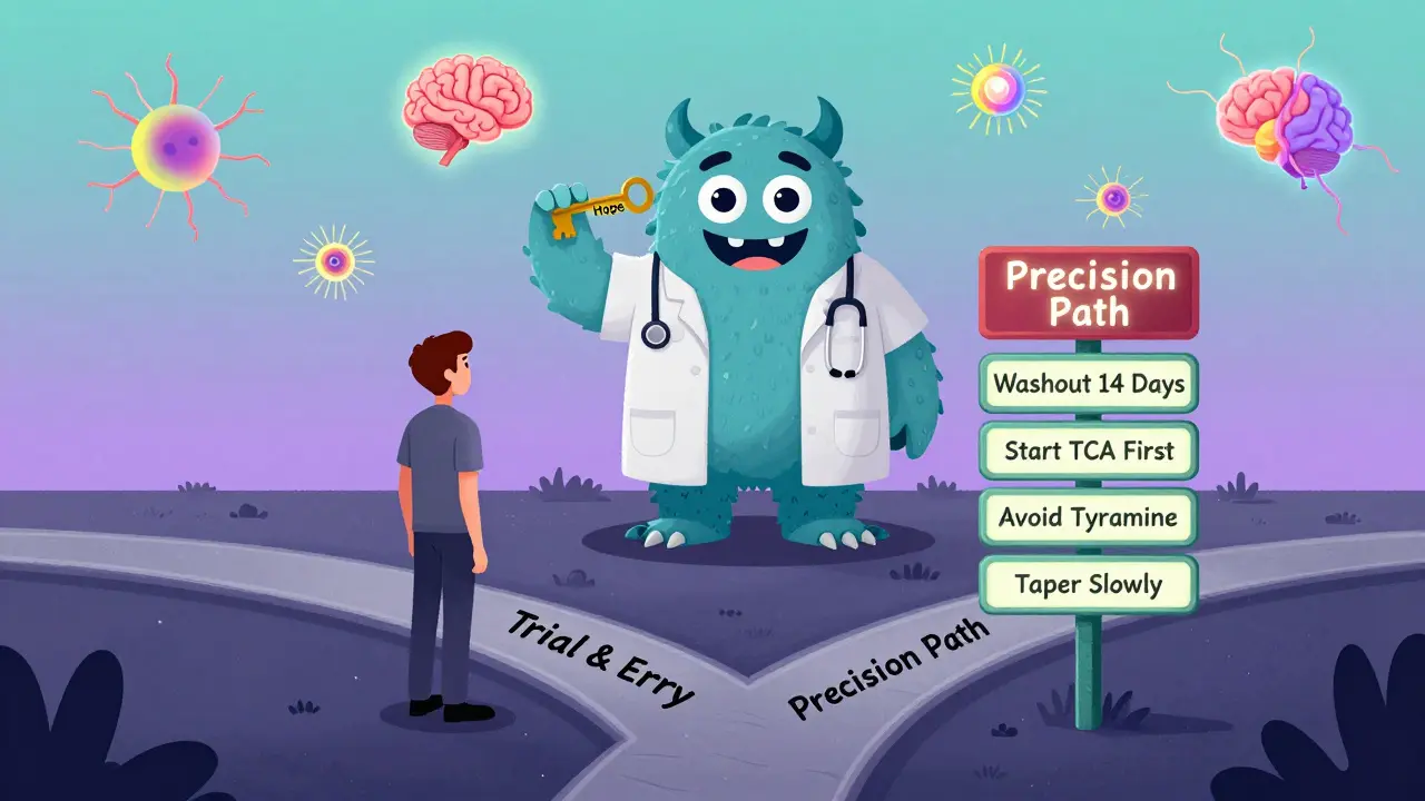 Patient chooses a guided path to safe MAOI use, with friendly monster and glowing brain neurons.
