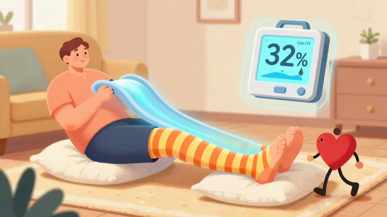 Patient elevating legs with compression stockings and glowing fluid flow, walking beside a heart-shaped figure.