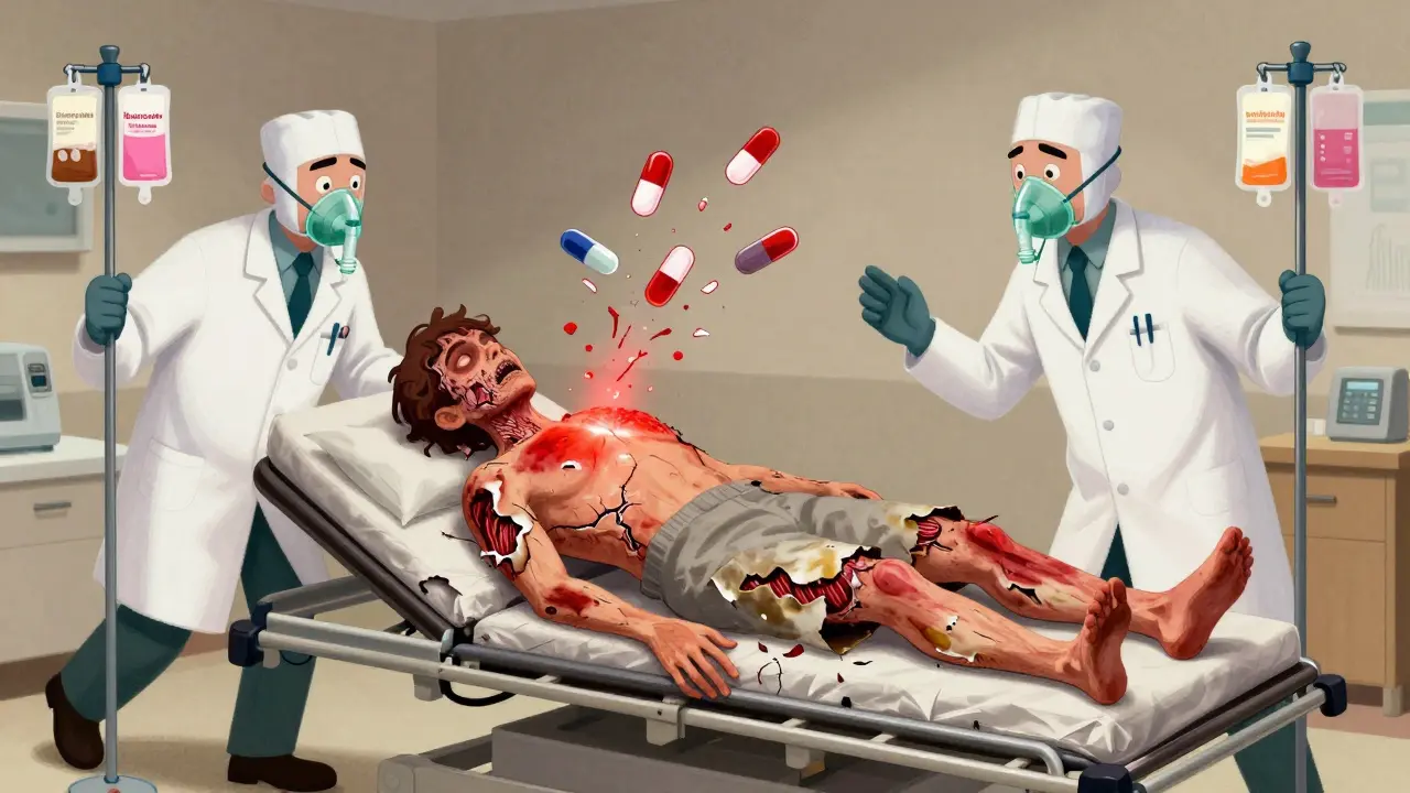 Patient with peeling skin on hospital gurney, doctors rushing, drug icons breaking apart above