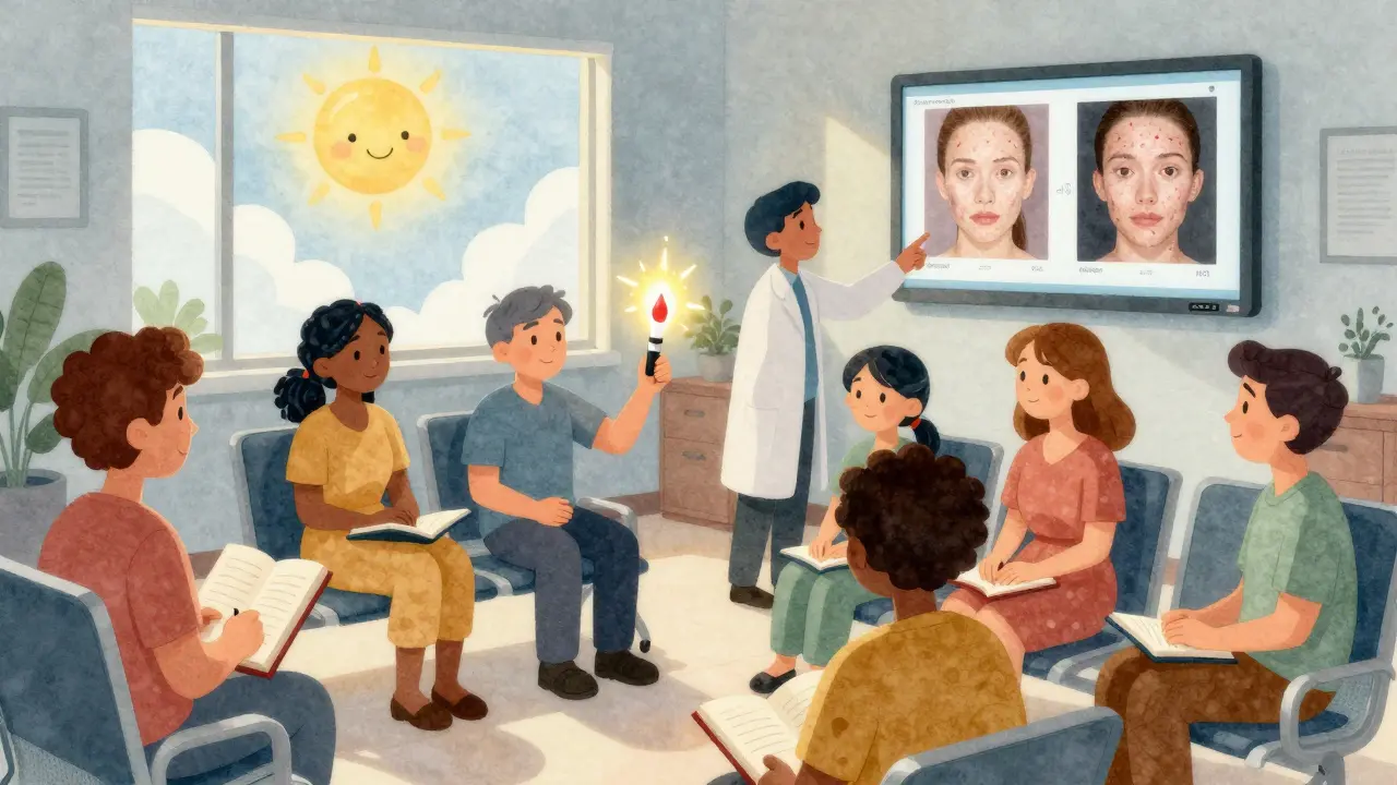 Patients in a clinic with journals and a glowing blood marker, symbolizing early detection and hope.