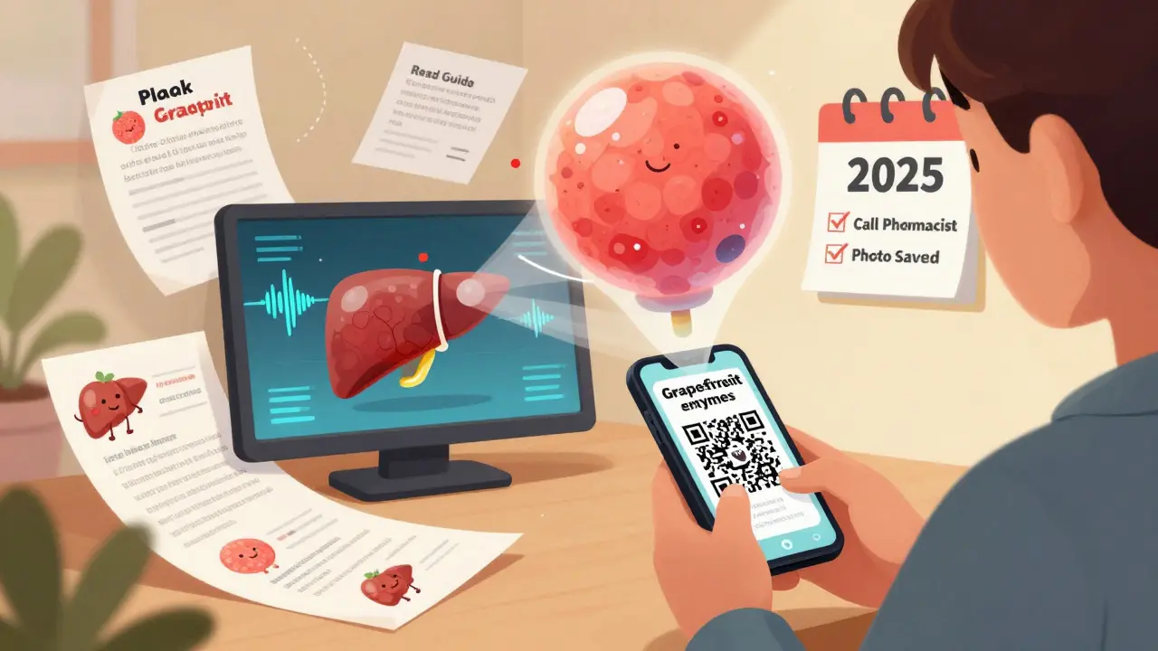 Person scanning a QR code that projects an animated video of grapefruit blocking liver enzymes and increasing drug levels.