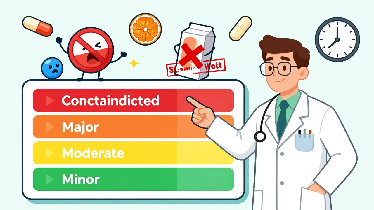 Pharmacist explaining drug interaction risk levels using a colorful chart with reacting pill characters.