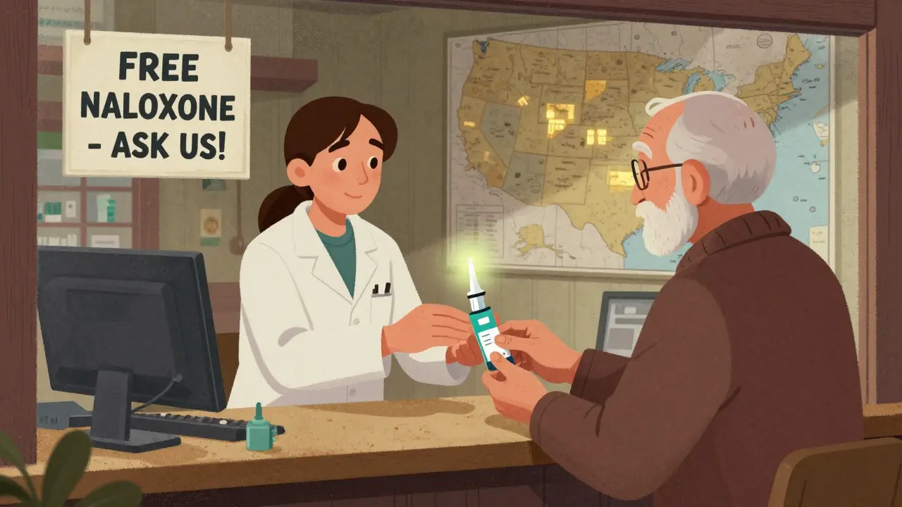 Pharmacist hands naloxone to an elderly man at a rural pharmacy counter.