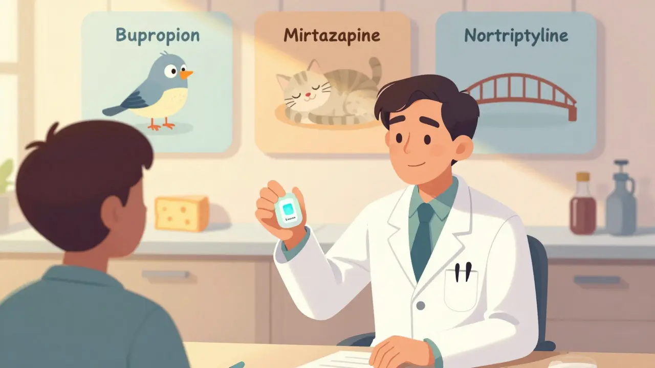 Psychiatrist applies an Emsam patch while safe medication alternatives float peacefully nearby.