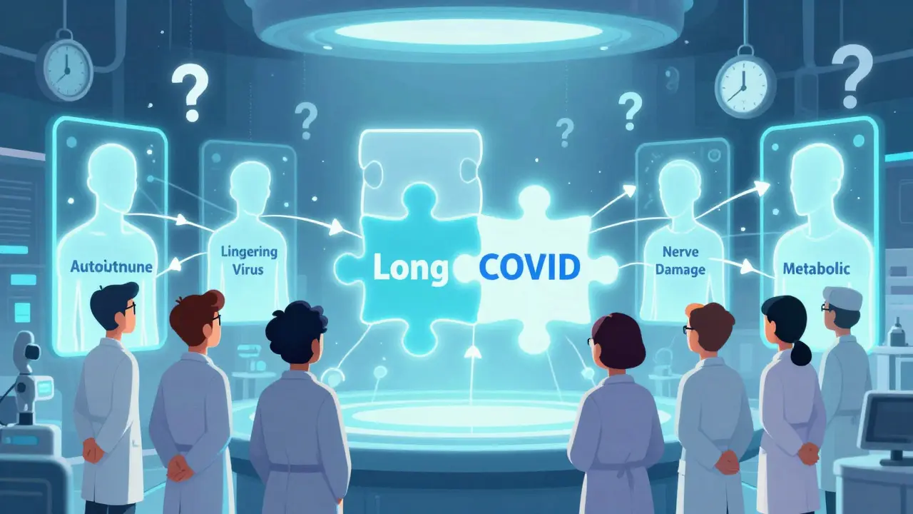 Scientists studying fragmented patient types in a lab, with a missing puzzle piece labeled Long COVID.