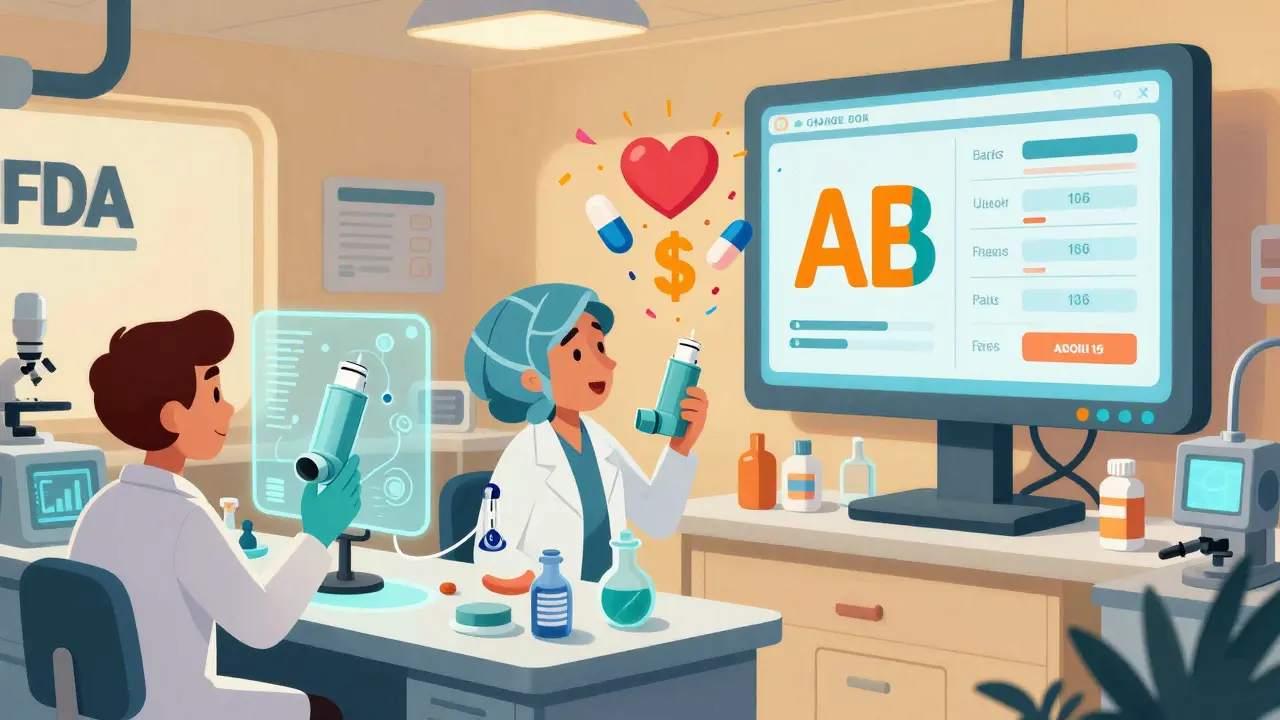 Scientists using AI holograms to test inhalers and creams, floating AB-rated pills and savings charts in CalArts style.